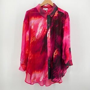 DKNY 2X Pink Abstract Watercolor Sheer Button Down Tunic Plus Size Chiffon EUC